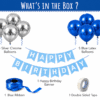 Blue Silver Birthday Decoration Kit Blue and silver birthday decoration kit with chrome balloons, blue latex balloons, happy birthday banner, blue ribbon and double sided tape.