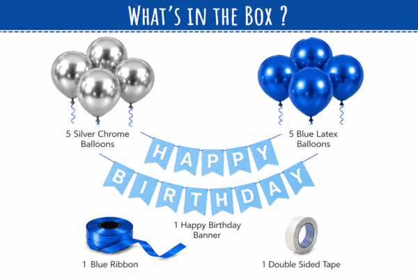 Blue Silver Birthday Decoration Kit Blue and silver birthday decoration kit with chrome balloons, blue latex balloons, happy birthday banner, blue ribbon and double sided tape.