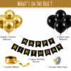 Black and gold birthday decoration kit with golden chrome balloons, black latex balloons, happy birthday banner, golden ribbon and double sided tape.