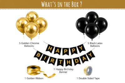 Black and gold birthday decoration kit with golden chrome balloons, black latex balloons, happy birthday banner, golden ribbon and double sided tape.