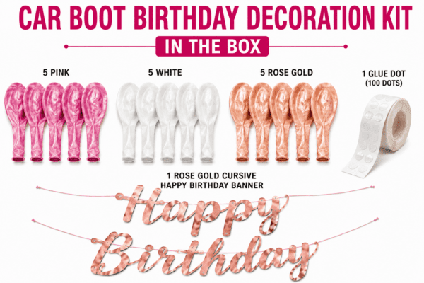 17 Pcs Girls Car Boot Birthday Decoration Kit with Pink, White & Rose Gold Balloons 17 Pcs Car Boot Birthday Decoration Combo Kit for | Pink White Rose Gold Balloon Surprise Set