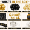 Groom to be decoration kit with 20 gold balloons, 20 black balloons, black foil curtain, gold confetti balloons, golden Groom To Be foil banner, bottle foil balloon, sash, arch roll and glue dot strip.