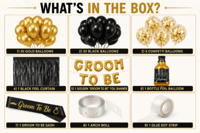 Groom to be decoration kit with 20 gold balloons, 20 black balloons, black foil curtain, gold confetti balloons, golden Groom To Be foil banner, bottle foil balloon, sash, arch roll and glue dot strip.