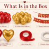Red and Gold Happy Anniversary Decoration Kit – What Is in the Box What is in the box image showing 10 red balloons, 10 golden balloons, red and gold Happy Anniversary banner, 1 red heart foil balloon, 1 golden heart foil balloon, red ribbon roll and double-sided tape.