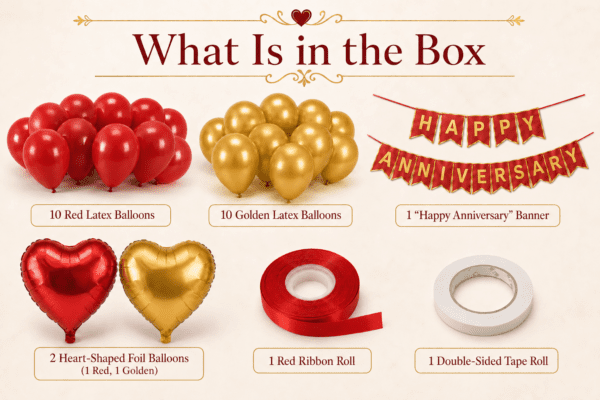 Red and Gold Happy Anniversary Decoration Kit – What Is in the Box What is in the box image showing 10 red balloons, 10 golden balloons, red and gold Happy Anniversary banner, 1 red heart foil balloon, 1 golden heart foil balloon, red ribbon roll and double-sided tape.