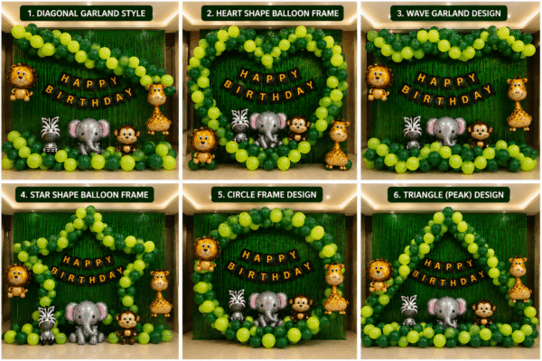 6 Jungle Safari Birthday Decoration Ideas 6 jungle safari birthday decoration ideas with green balloon arch, animal foil balloons and Happy Birthday banner for kids party setup