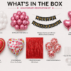 What’s in the Box – Pink & White Happy Anniversary Decoration Kit What’s in the box image for happy anniversary decoration kit featuring 35 white balloons, 35 metallic pink balloons, black and gold cardstock anniversary banner, pink heart foil balloons, love you foil balloons, red foil curtain, red confetti balloons, glue dots, balloon pump and arch roll.