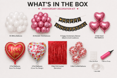 What’s in the box image for happy anniversary decoration kit featuring 35 white balloons, 35 metallic pink balloons, black and gold cardstock anniversary banner, pink heart foil balloons, love you foil balloons, red foil curtain, red confetti balloons, glue dots, balloon pump and arch roll.