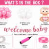 Welcome Baby Girl Decoration Kit – Pink & White Balloon Combo Welcome baby girl decoration kit with pink and white balloons, baby girl foil balloon, Welcome Baby banner, ribbon, tape and balloon pump