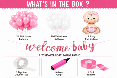 Welcome baby girl decoration kit with pink and white balloons, baby girl foil balloon, Welcome Baby banner, ribbon, tape and balloon pump