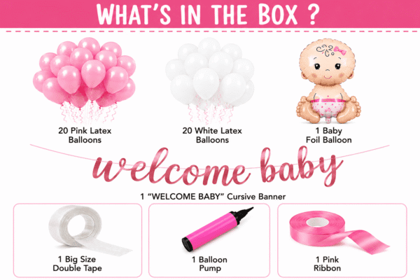 Welcome Baby Girl Decoration Kit – Pink & White Balloon Combo Welcome baby girl decoration kit with pink and white balloons, baby girl foil balloon, Welcome Baby banner, ribbon, tape and balloon pump