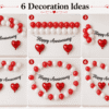 6 Happy Anniversary Decoration Ideas with Black Cursive Banner 6 decoration ideas for Happy Anniversary setup using red and white balloons, black cursive anniversary banner, red heart foil balloons, white ribbon and double-sided tape.