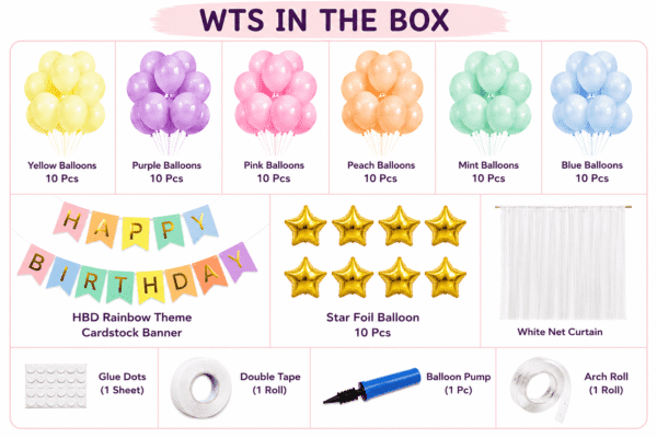 Pastel Rainbow Birthday Decoration Kit Rainbow birthday decoration kit with pastel balloons, star foil balloons, white net curtain, happy birthday banner and party accessories.