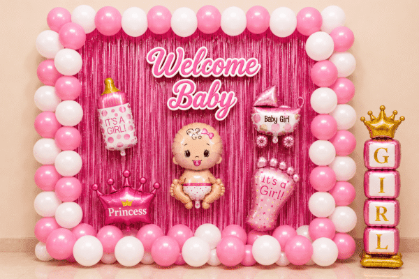 Welcome baby girl decoration with pink and white balloons, pink foil curtain, baby girl foil balloons, girl stand and party backdrop.