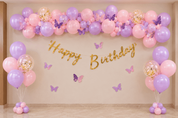 Butterfly Theme Birthday Decoration Butterfly theme birthday decoration with pink, purple, peach and white balloons, butterfly stickers and gold Happy Birthday banner.