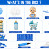 Welcome Baby Boy Decoration Kit Welcome baby boy decoration kit with blue and white balloons, Welcome Baby banner, baby boy foil balloon, blue foil curtain and party accessories