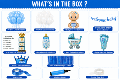 Welcome baby boy decoration kit with blue and white balloons, Welcome Baby banner, baby boy foil balloon, blue foil curtain and party accessories