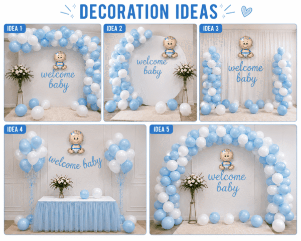Welcome Baby Boy Decoration Ideas Blue and white welcome baby boy decoration ideas with balloon arch, Welcome Baby banner and party backdrop setups
