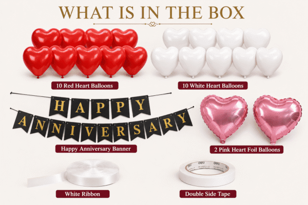 What Is In The Box – Heart Shape Happy Anniversary Decoration Kit 25 Pcs Happy Anniversary Decoration Kit with Heart Shape Balloons & Pink Heart Foil Balloons