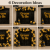 6 groom to be decoration ideas using black and gold balloons, black foil curtain, golden Groom To Be banner, gold confetti balloons and bottle foil balloon for bachelor party setup.