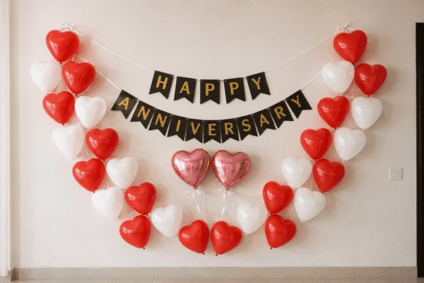Heart Shape Happy Anniversary Balloon Decoration Romantic Happy Anniversary wall decoration with red and white heart-shaped balloons, black and gold banner, and two pink heart foil balloons.