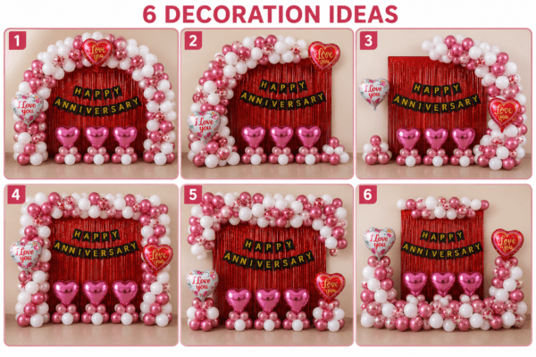 6 Happy Anniversary Decoration Ideas with Pink White Balloons and Love You Foil Balloons Collage of 6 happy anniversary decoration ideas using metallic pink and white balloons, red foil curtain backdrop, black and gold cardstock anniversary banner, pink heart foil balloons, red confetti balloons and love you foil balloons.
