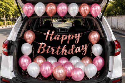 Girls Car Boot Birthday Decoration Kit with Pink White Rose Gold Balloons Girls car boot birthday decoration with pink, white and rose gold balloons, rose gold Happy Birthday banner and open SUV trunk setup.
