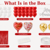 What Is in the Box – Happy Anniversary Decoration Kit with Heart Balloons and Red Foil Curtain What is in the box image for happy anniversary decoration kit featuring 20 white heart balloons, 20 red heart balloons, silver happy anniversary cursive banner, 2 love you foil balloons, 2 golden confetti balloons, 1 red foil curtain, 1 glue dot and 1 arch roll.