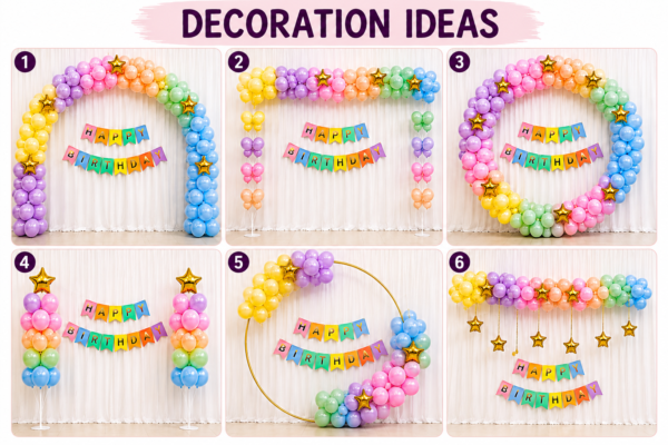 6 Pastel Rainbow Birthday Decoration Ideas 6 pastel rainbow birthday decoration ideas with colorful balloon arch, Happy Birthday banner and party backdrop setups