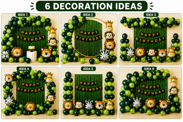 6 Jungle Safari Birthday Decoration Ideas 6 jungle safari birthday decoration ideas with green balloon arch, animal foil balloons and Happy Birthday banner