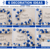 6 Blue Silver Happy Birthday Decoration Ideas with Cursive Banner Six blue, white and silver happy birthday decoration ideas using balloon garland, circle hoop, balloon columns, ceiling balloons, organic balloon cluster and silver cursive Happy Birthday banner.