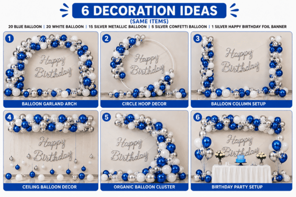 6 Blue Silver Happy Birthday Decoration Ideas with Cursive Banner Six blue, white and silver happy birthday decoration ideas using balloon garland, circle hoop, balloon columns, ceiling balloons, organic balloon cluster and silver cursive Happy Birthday banner.