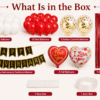 What Is in the Box – Red & White Happy Anniversary Decoration Kit What is in the box image showing red and white anniversary decoration kit with balloons, golden confetti balloons, Happy Anniversary banner, Love You foil balloons, red foil curtain, glue dots and arch roll.