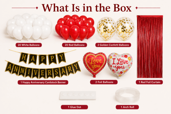 What Is in the Box – Red & White Happy Anniversary Decoration Kit What is in the box image showing red and white anniversary decoration kit with balloons, golden confetti balloons, Happy Anniversary banner, Love You foil balloons, red foil curtain, glue dots and arch roll.