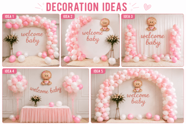 Welcome Baby Girl Decoration Ideas – Pink & White Balloon Designs Welcome baby girl decoration ideas with pink and white balloon arch, Welcome Baby banner and baby girl party backdrop setups