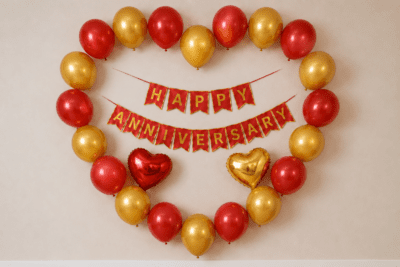 Heart shape Happy Anniversary decoration with red and golden balloons, red and gold cardstock anniversary banner, and red and golden heart foil balloons on a wall backdrop.