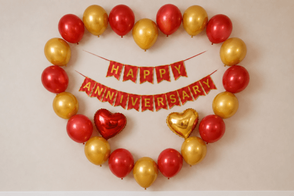 Red and Gold Heart Shape Happy Anniversary Decoration Heart shape Happy Anniversary decoration with red and golden balloons, red and gold cardstock anniversary banner, and red and golden heart foil balloons on a wall backdrop.