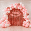 Pink Rose Gold Birthday Decoration Kit with Balloon Garland, Foil Curtain and Happy Birthday Banner