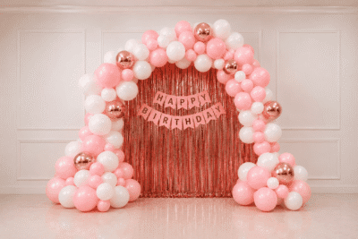 Thought for 22s Title: Pink Rose Gold Birthday Decoration Kit for Girls with Balloon Arch and Foil Curtain Pink Rose Gold Birthday Decoration Kit with Balloon Garland, Foil Curtain and Happy Birthday Banner