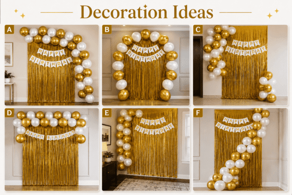 White and Gold Birthday Decoration Ideas with Foil Curtain White and gold birthday decoration ideas with metallic balloons, golden foil curtain backdrop and happy birthday banner for elegant party setup.