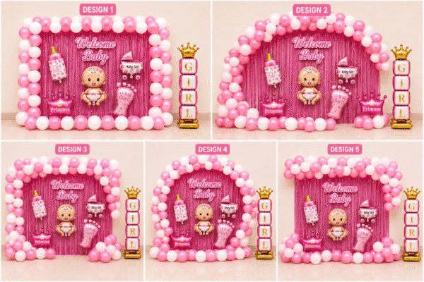 Baby girl welcome decoration ideas with pink and white balloon arch, pink fringe curtain, baby girl foil balloons and welcome baby banner.