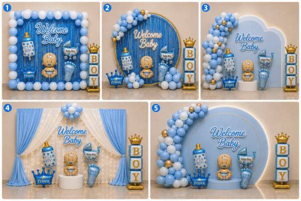 Baby Boy Welcome Decoration Ideas Baby boy welcome decoration ideas with blue and white balloons, baby foil balloons, boy stand, welcome baby banner and party backdrop.