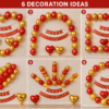 6 Red and Gold Happy Anniversary Decoration Ideas 6 decoration ideas for Happy Anniversary setup using red and golden balloons, red and gold anniversary banner, red heart foil balloon and golden heart foil balloon on a wall backdrop.