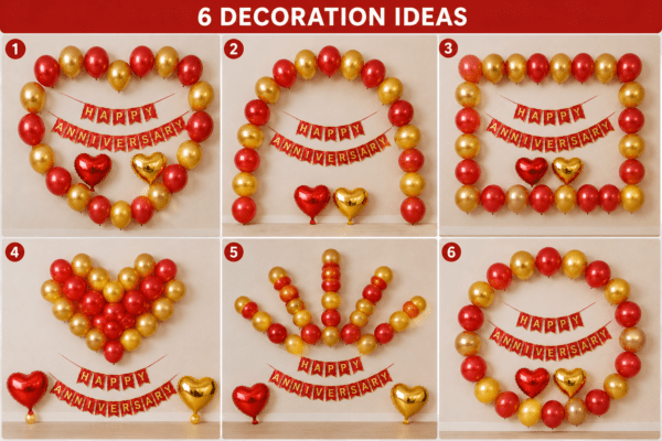 6 Red and Gold Happy Anniversary Decoration Ideas 6 decoration ideas for Happy Anniversary setup using red and golden balloons, red and gold anniversary banner, red heart foil balloon and golden heart foil balloon on a wall backdrop.