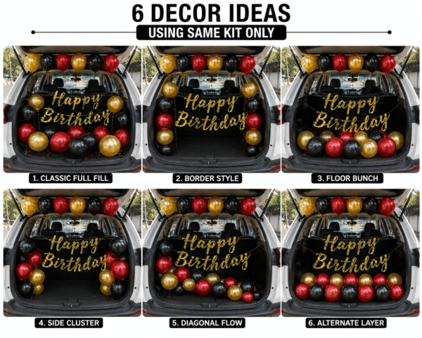 6 Car Boot Birthday Decoration Ideas with Red Black Gold Balloons car boot birthday decoration ideas using red black gold balloons and gold cursive Happy Birthday banner for surprise birthday setup.