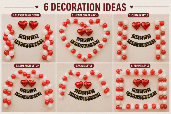 6 Happy Anniversary Balloon Decoration Ideas Six anniversary decoration ideas using red and white balloons, black and gold Happy Anniversary banner, two heart foil balloons, white ribbon and double tape.