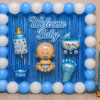 Welcome Baby Boy Decoration with Blue Balloon Setup Welcome baby boy decoration with blue and white balloons, blue foil curtain, baby foil balloons, boy stand and party backdrop.
