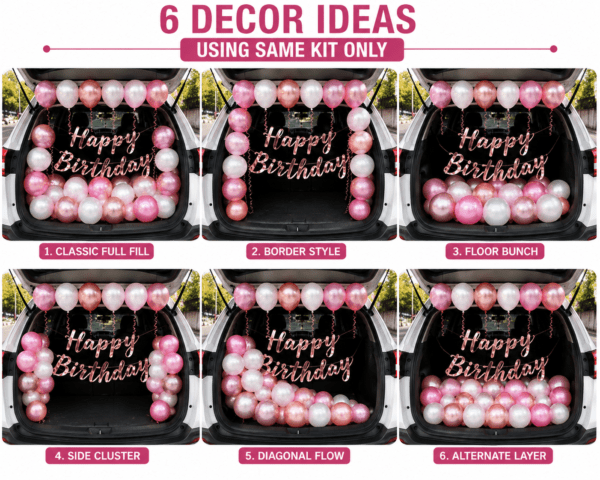 6 Girls Car Boot Birthday Decoration Ideas with Pink White Rose Gold Balloons 17 Pcs Car Boot Birthday Decoration Combo Kit for | Pink White Rose Gold Balloon Surprise Set