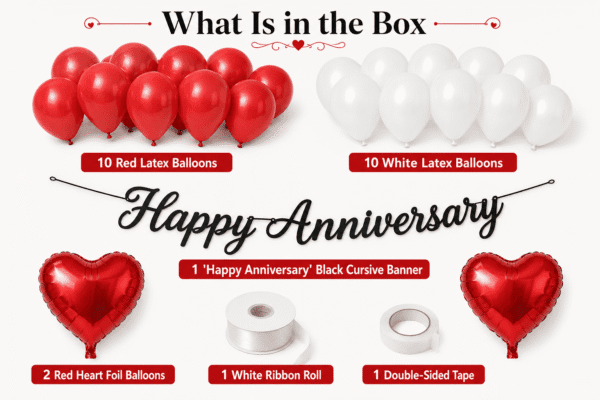 Happy Anniversary Decoration Kit with Black Cursive Banner Happy Anniversary Decoration Kit with Red White Balloons & Heart Foil Balloons