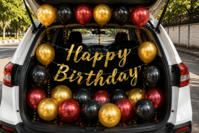 17 Pcs Car Boot Birthday Decoration Kit for Boys with Red Black Gold Balloons & Gold Happy Birthday Banner 17 Pcs car boot birthday decoration kit for boys with red, black and gold balloons and gold Happy Birthday banner for birthday surprise celebration
